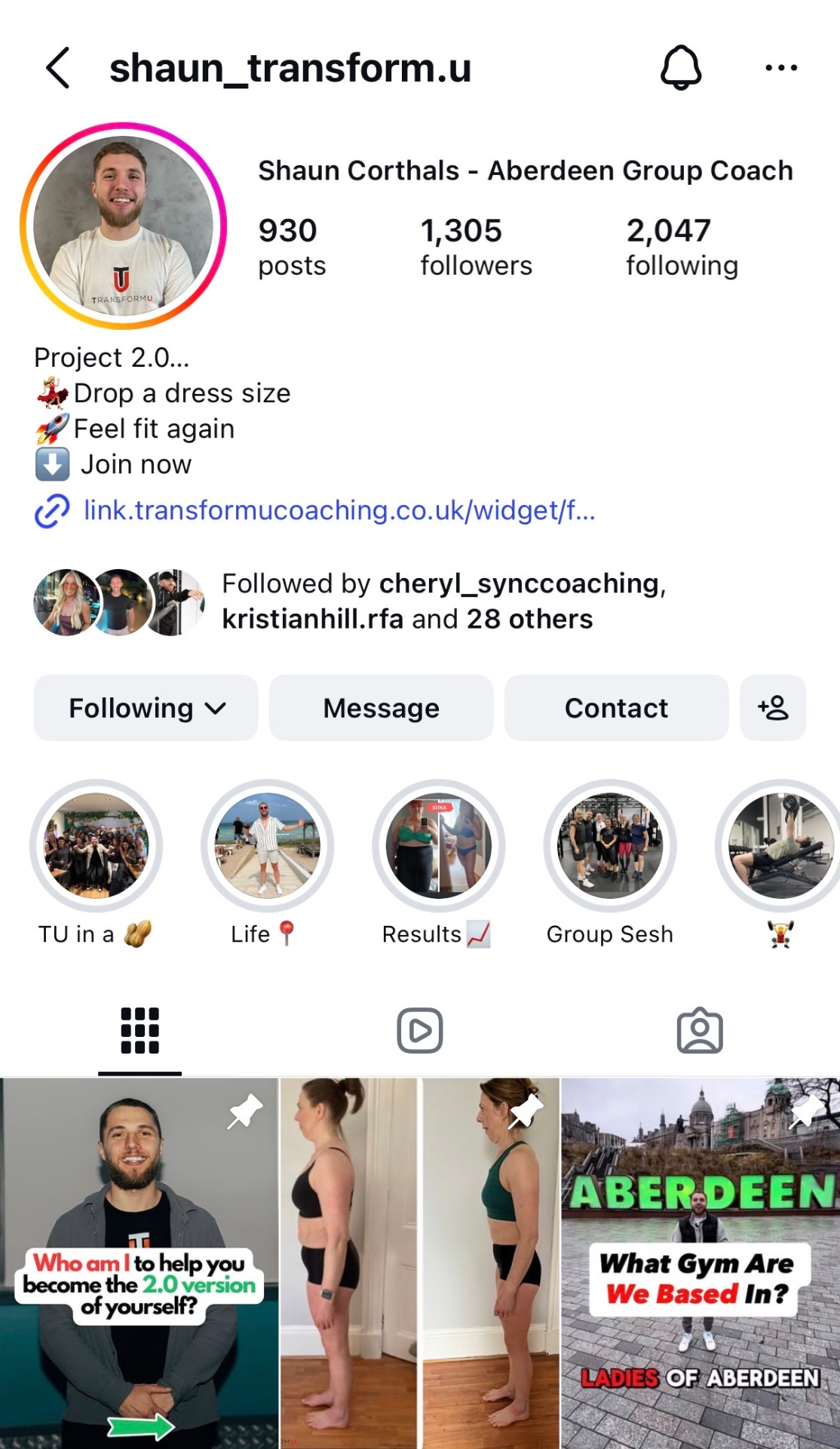 Shaun Corthals · Transform U Instagram profile
